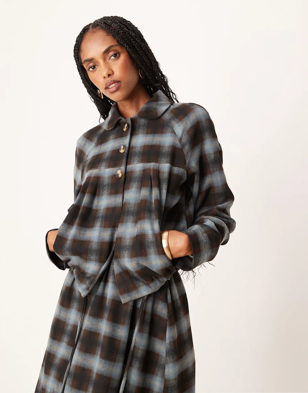 Harana collared button up jacket in blue brown plaid - part of a set
