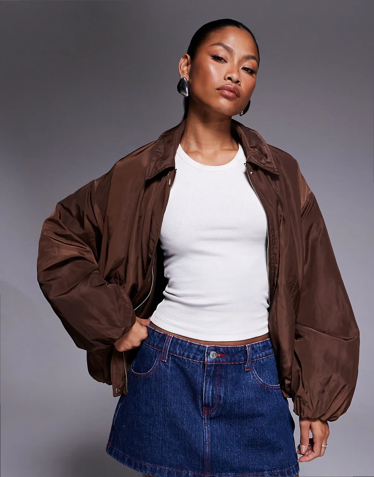 bubble hem bomber jacket in brown