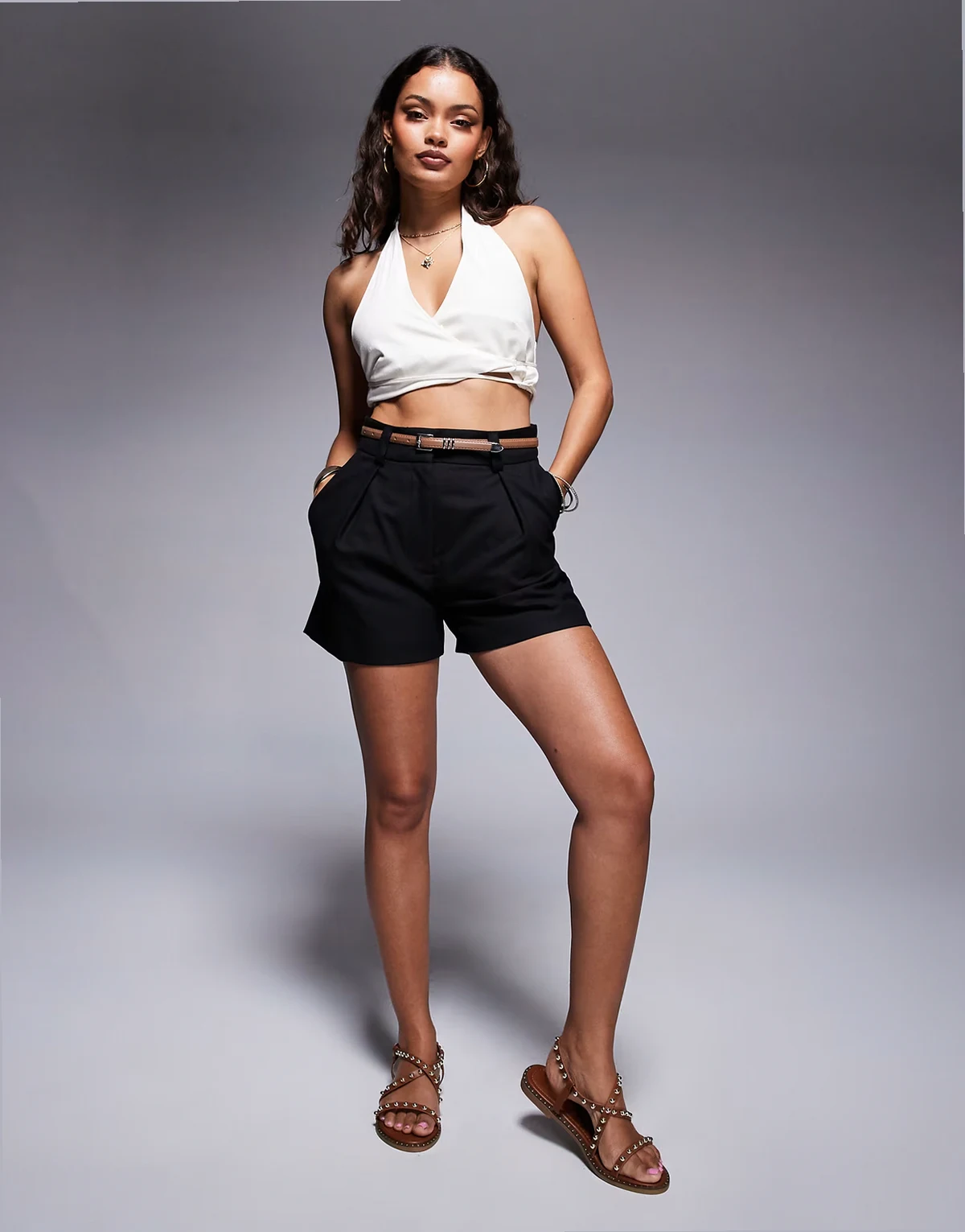 belted tailored shorts in black