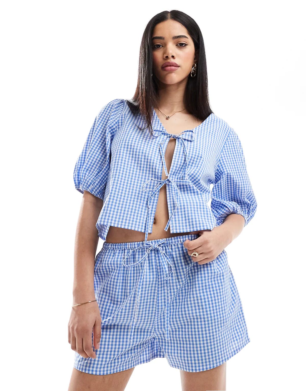 Exclusive drawstring beach shorts in blue and white gingham
