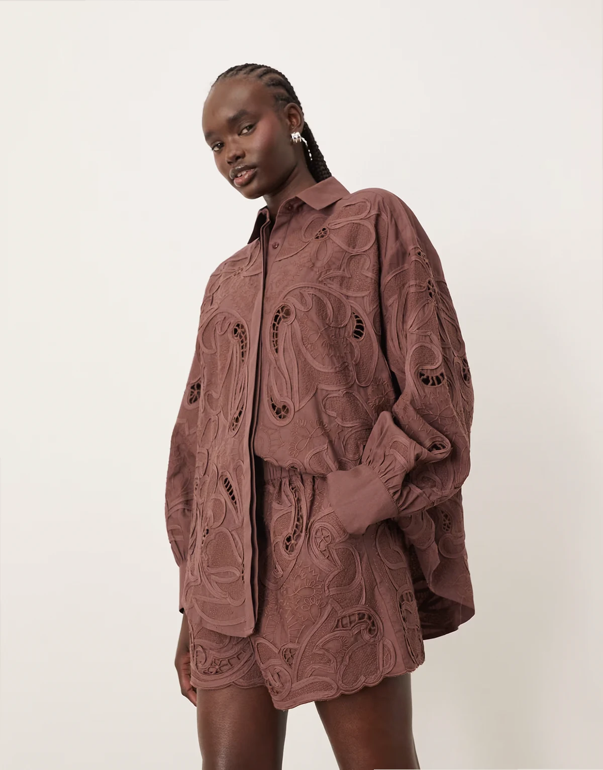 cotton mirrored floral embroidered cutwork shorts in chocolate - part of a set
