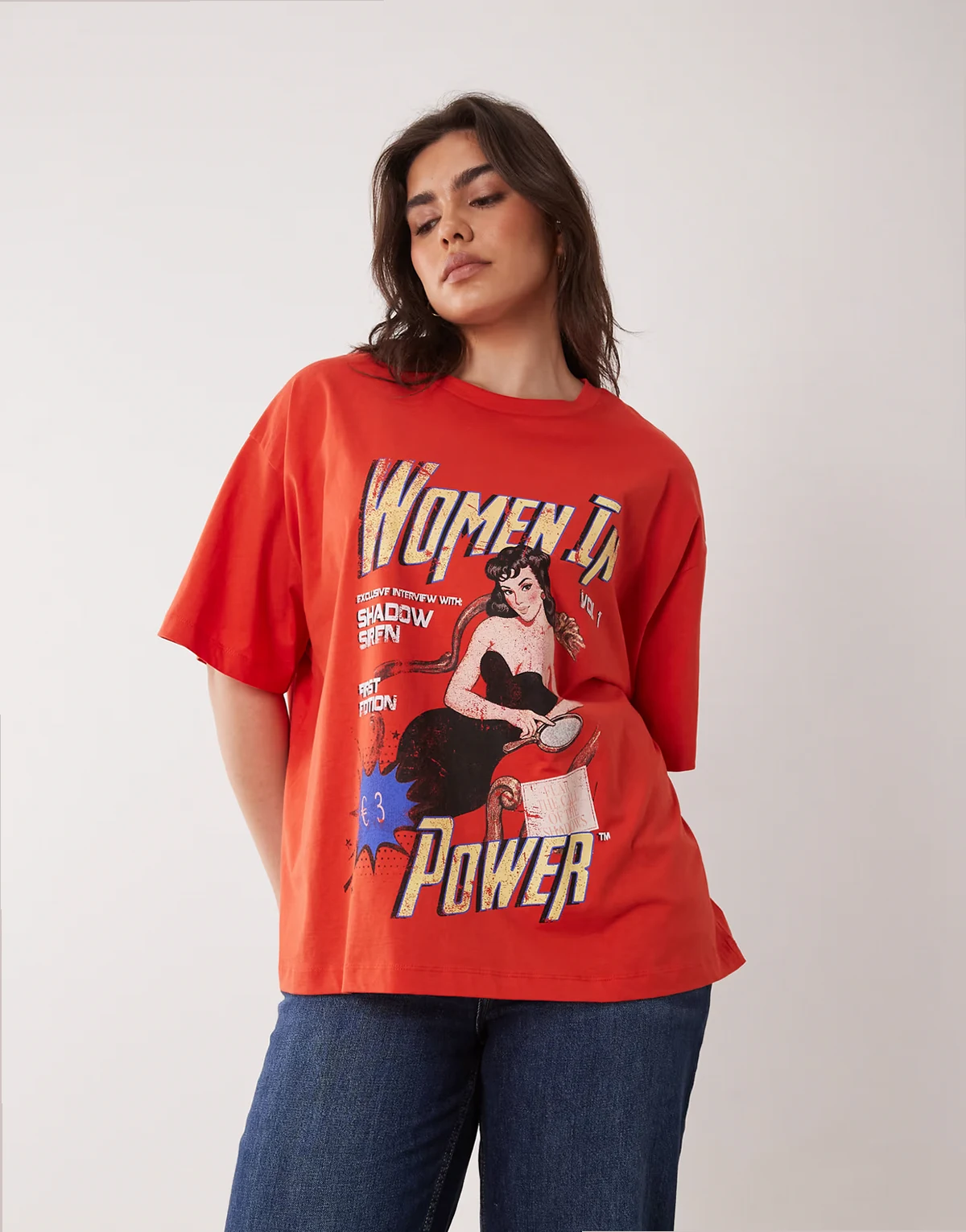 ASOS DESIGN Curve – Czerwony T-shirt oversize z grafiką z napisem „Women in Power“