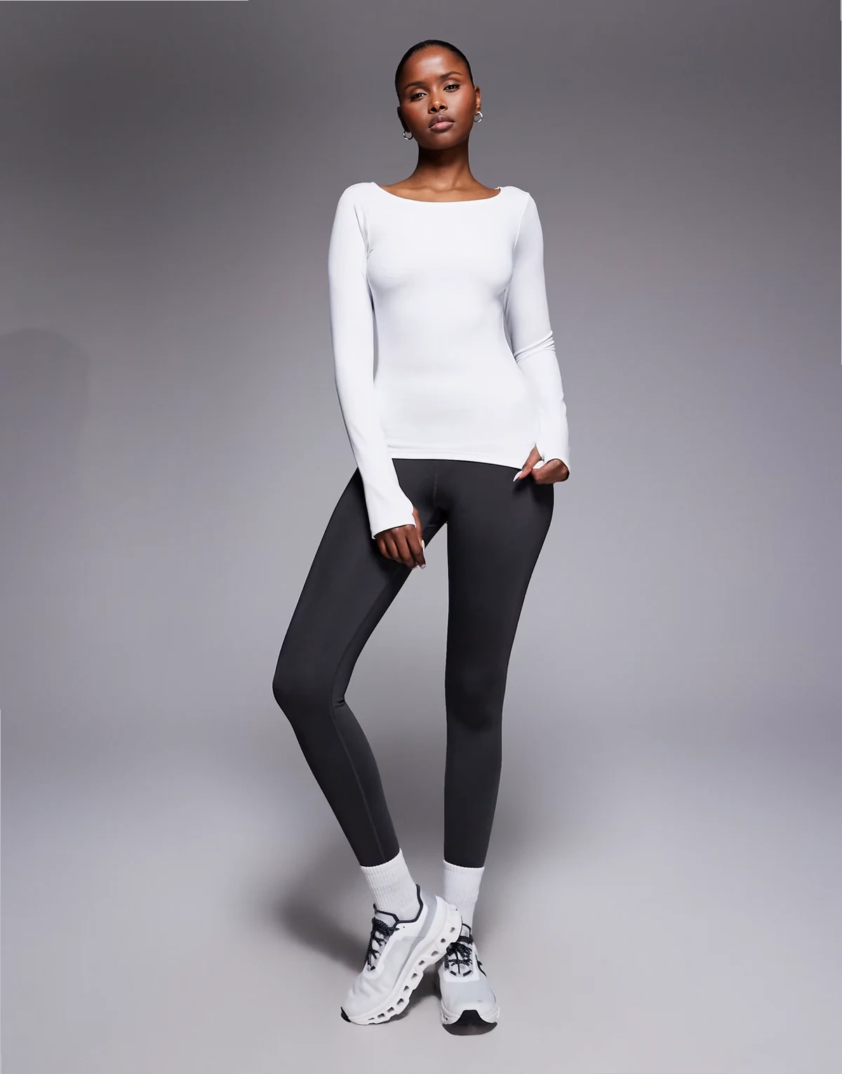 active boat neck long sleeve top with thumbhole in white