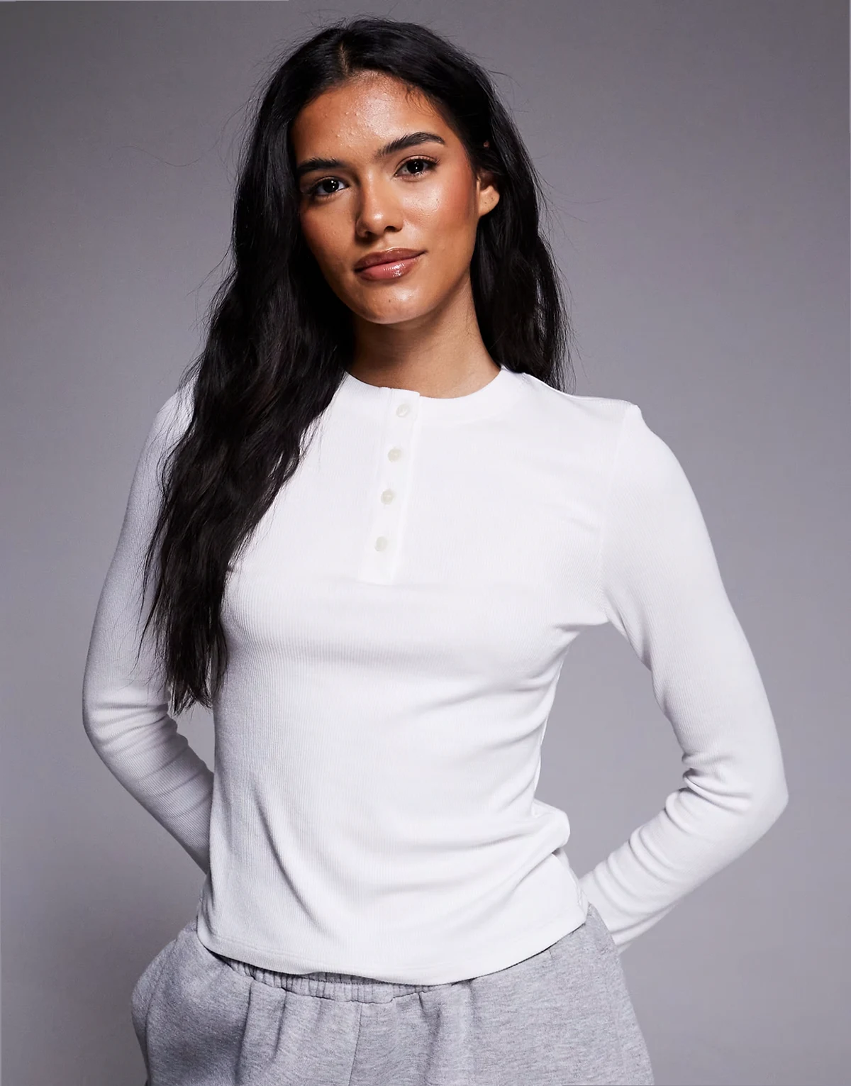 Rest Day ultra soft modal ribbed long sleeve henley top in white