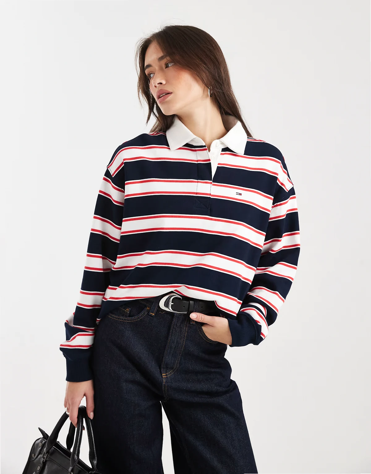 flag logo relaxed fit rugby top in navy stripes