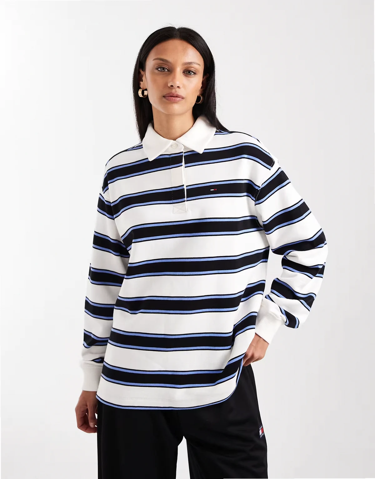 collegiate striped rugby shirt in white and blue