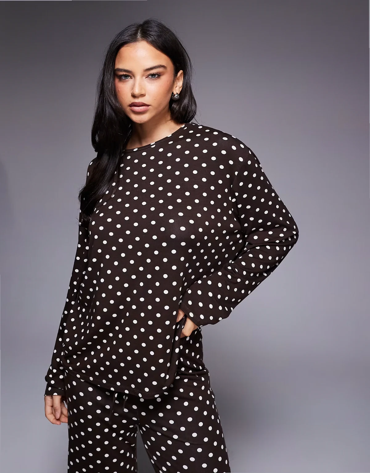 exclusive super soft jersey crew neck oversized long sleeve top in brown and cream polka dots - part of a set