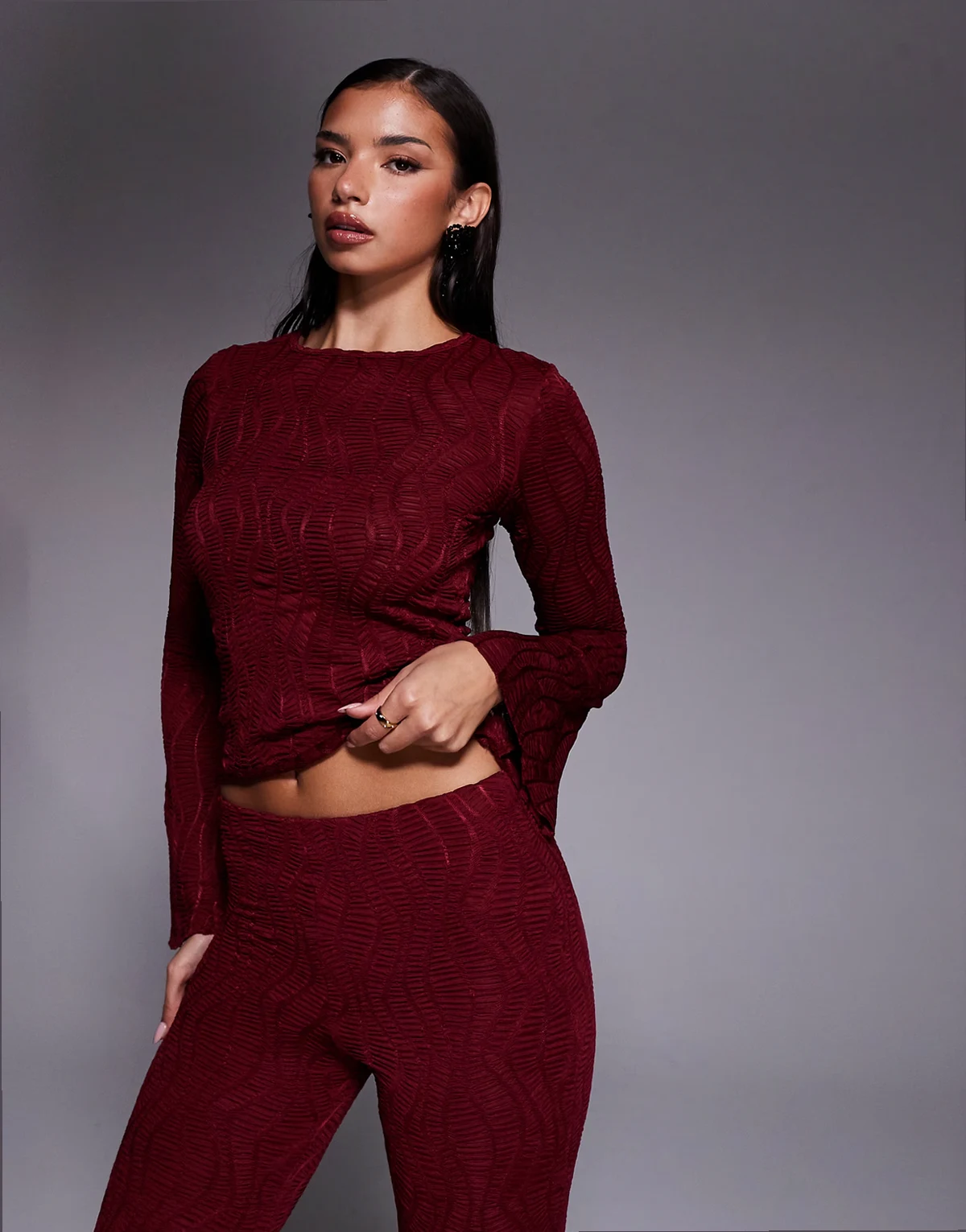 textured flared long sleeve top in burgundy - part of a set