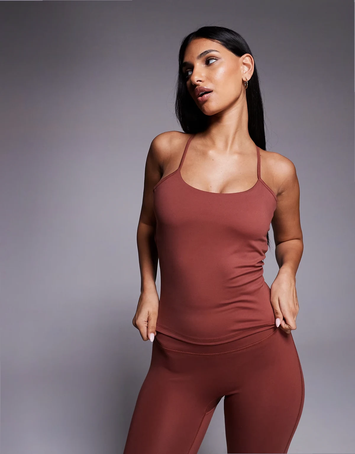 soft touch open back tank top with inner bra in spice