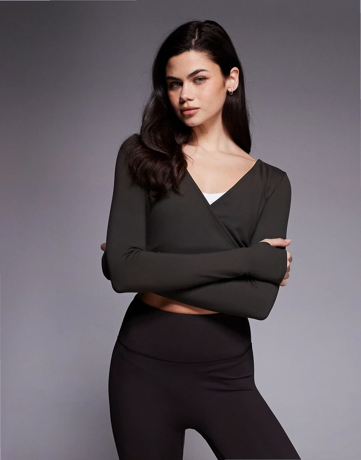 soft touch ballet inspired long sleeve wrap top in mocha