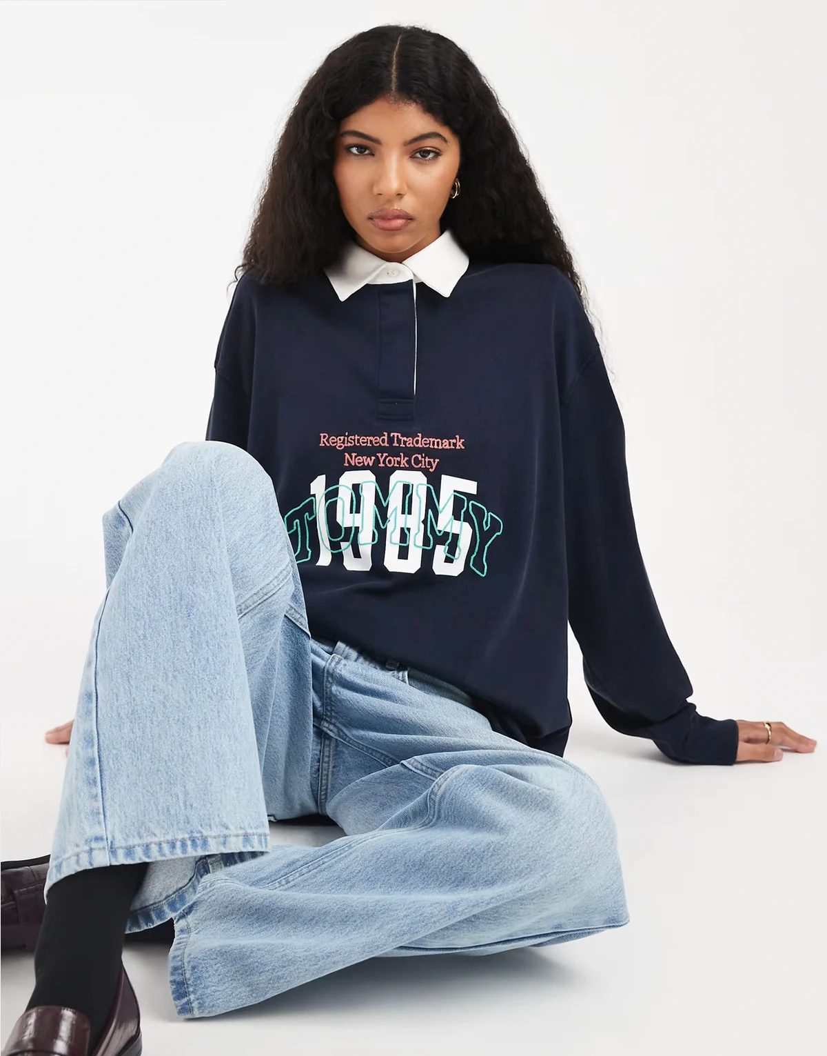 oversized varsity logo rugby top in navy