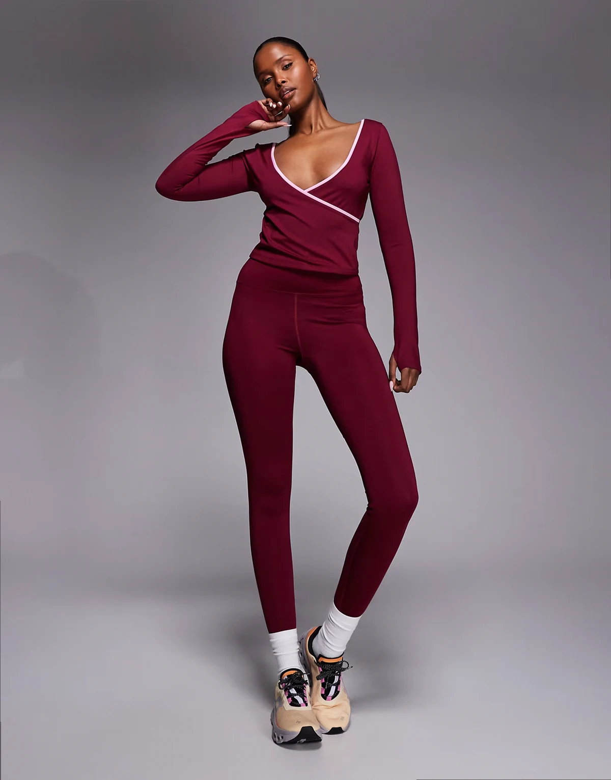 Active wrap V-neck long sleeve top in cherry red