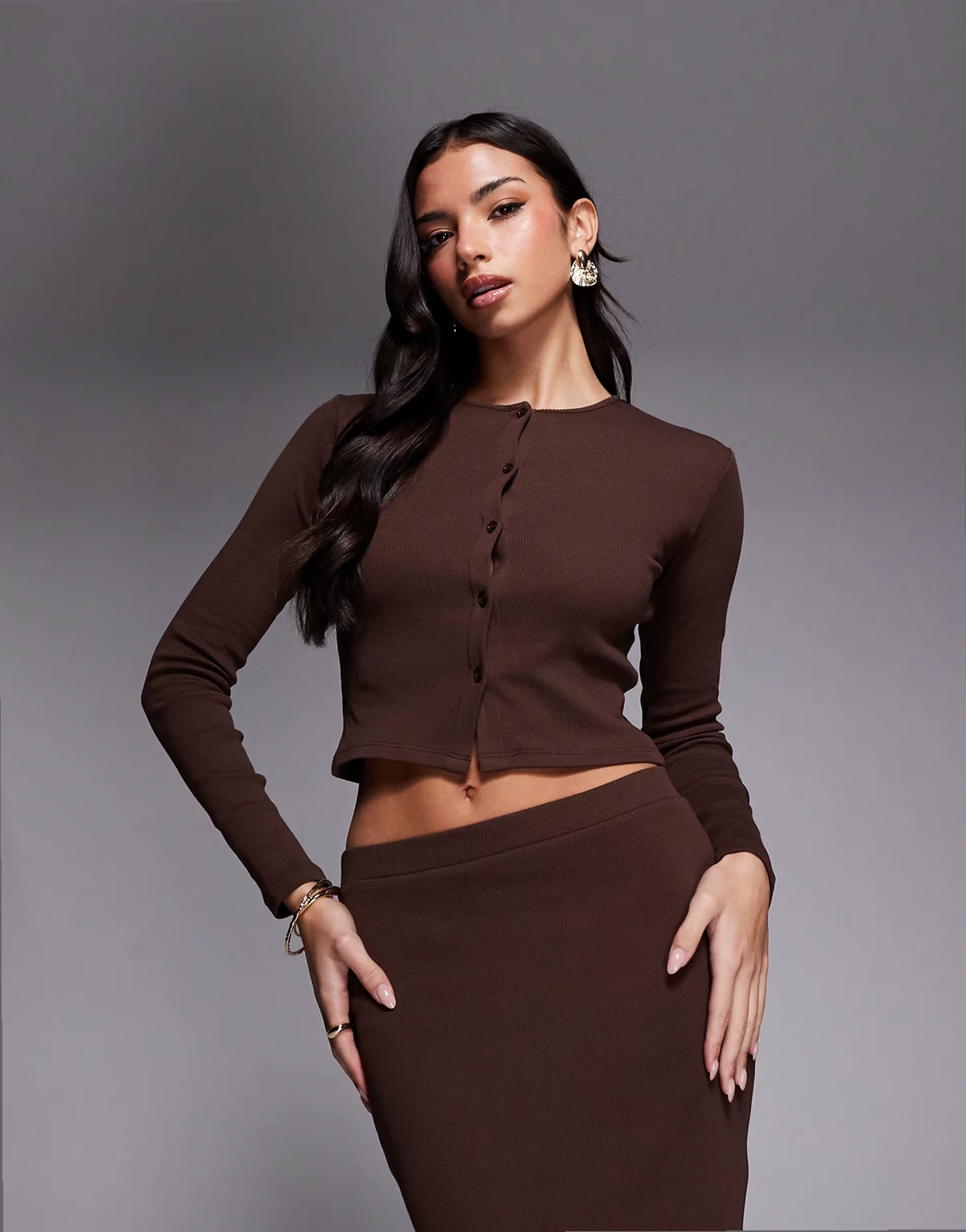 exclusive ribbed button up long sleeve top in chocolate - part of a set