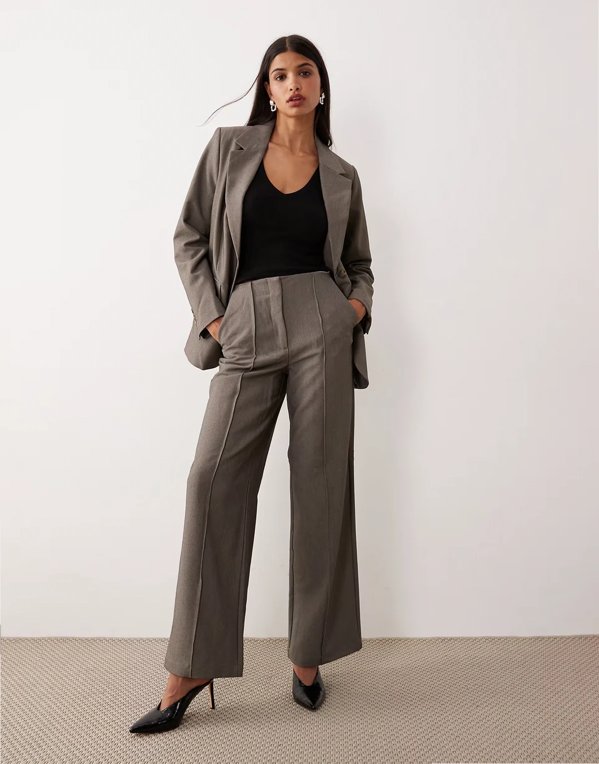 high waisted wide leg pants in gray melange - part of a set