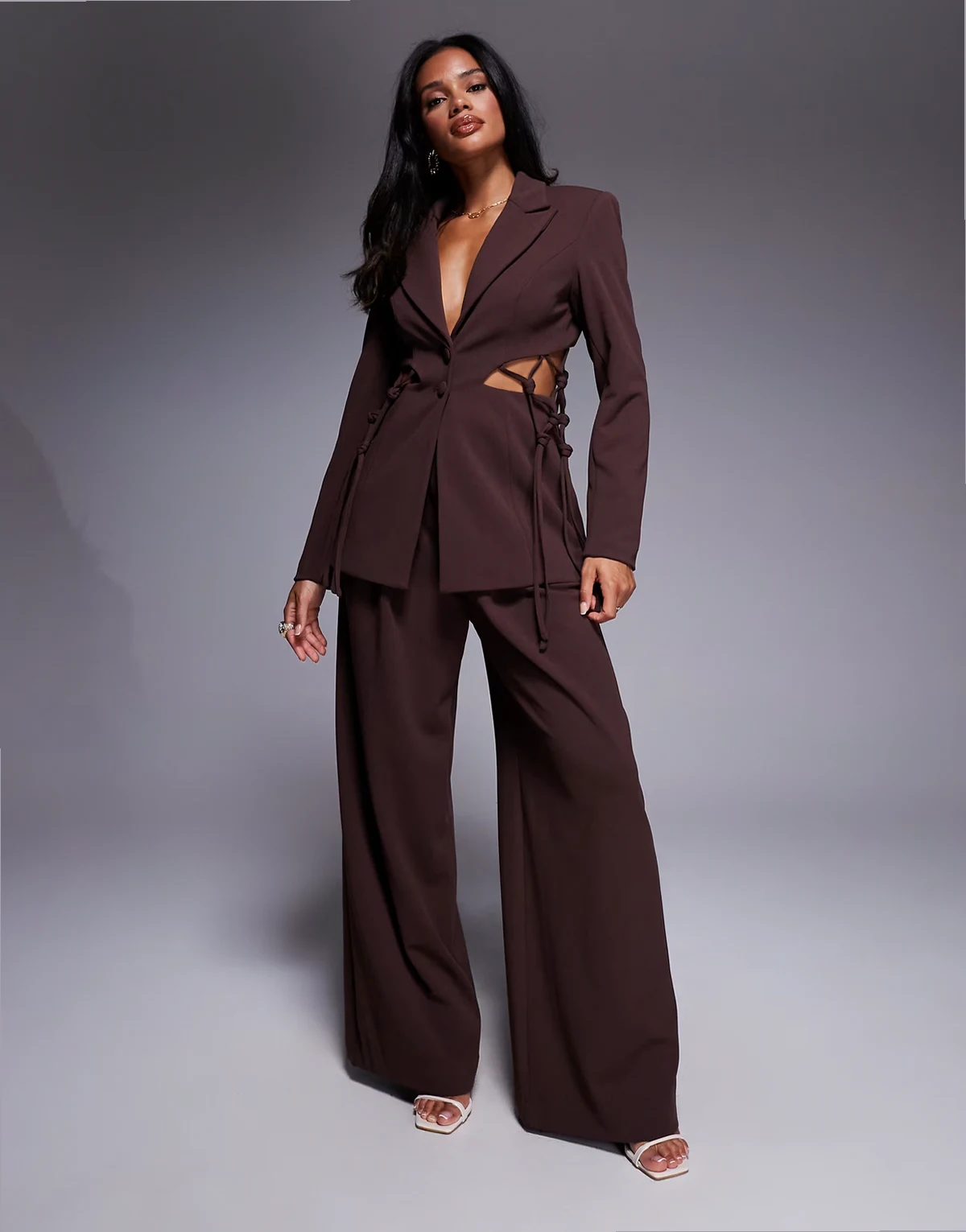 crepe wide leg tailored pants in chocolate - part of a set