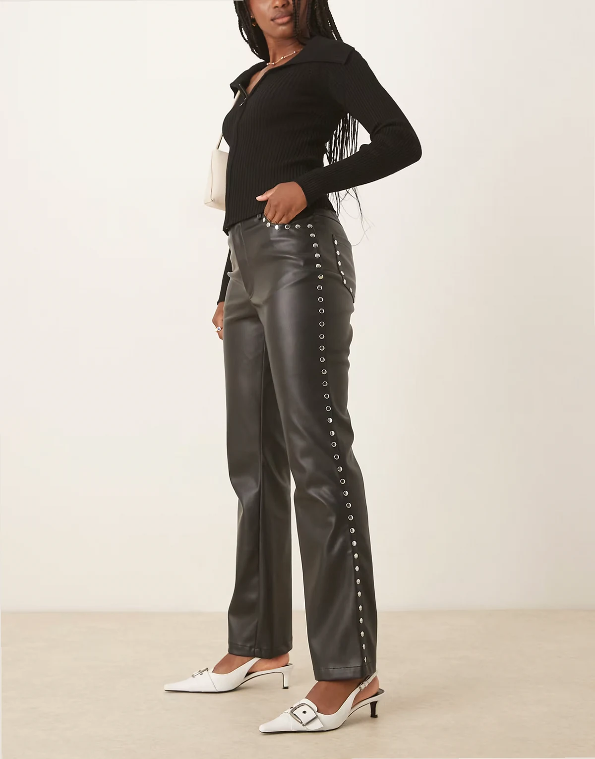 PU studded pants in black