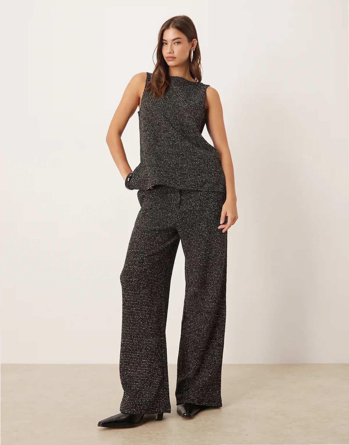 wide leg textured glitter pants in black - part of a set