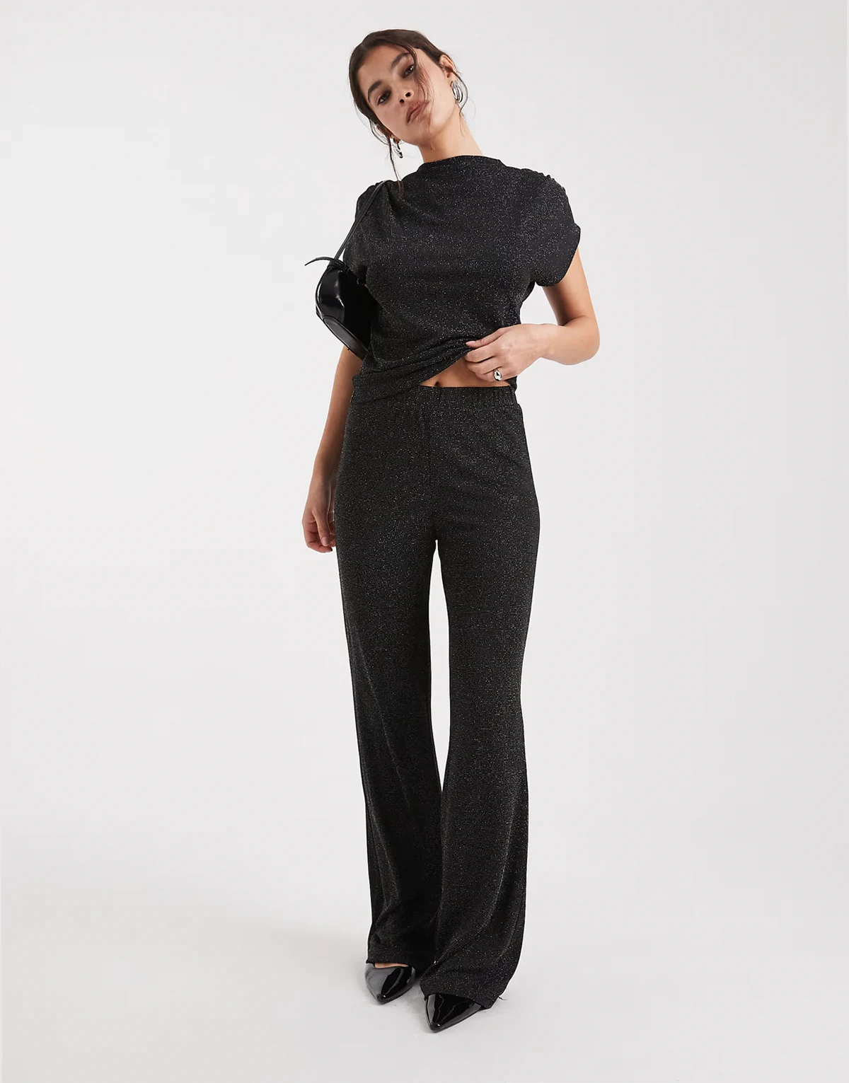 glitter wide leg pants in black and silver - part of a set