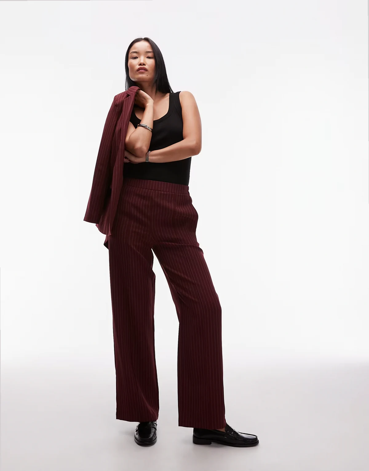 tailored pants in burgundy pinstripes - part of a set