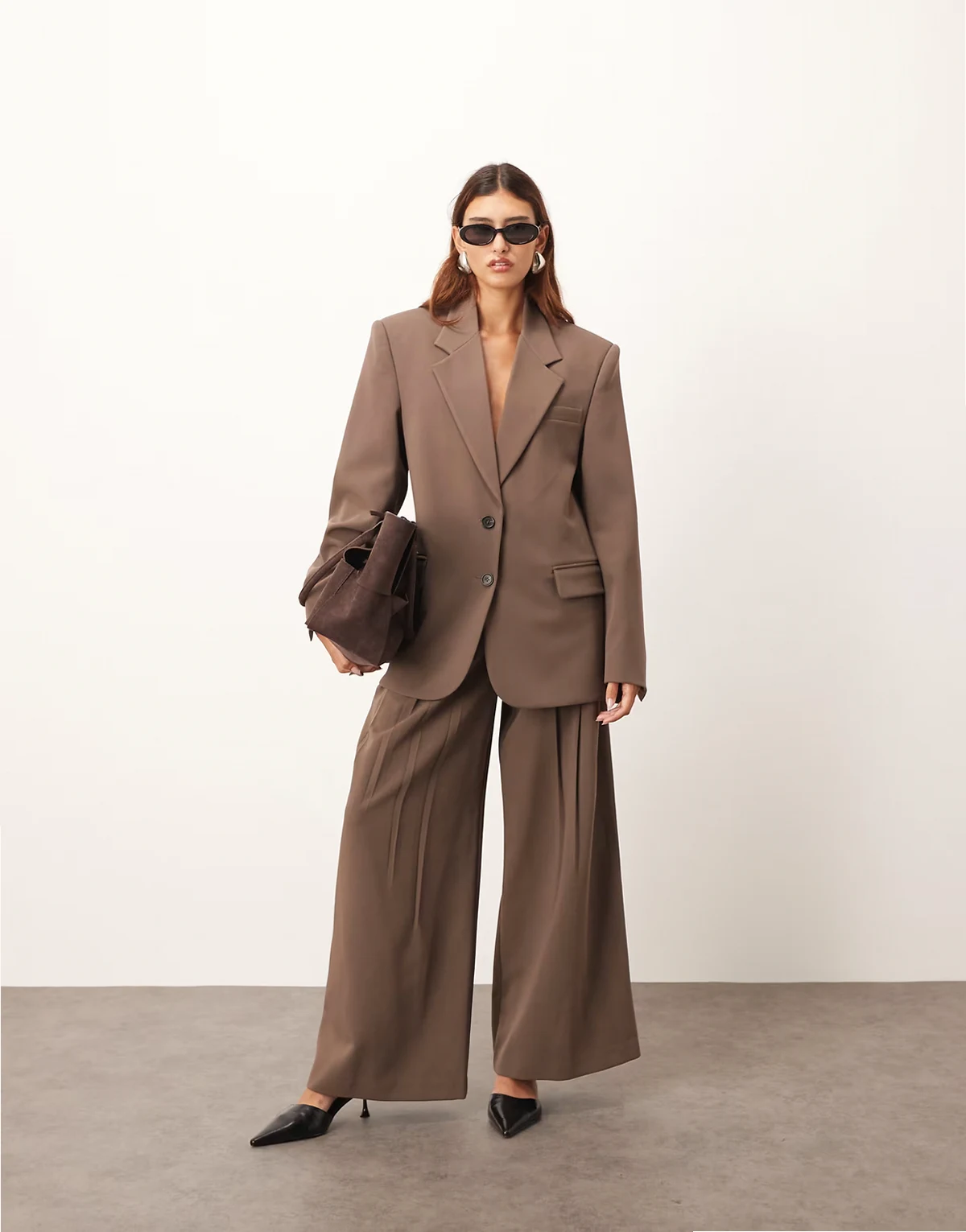 wool look pleated wide leg pants in chocolate - part of a set