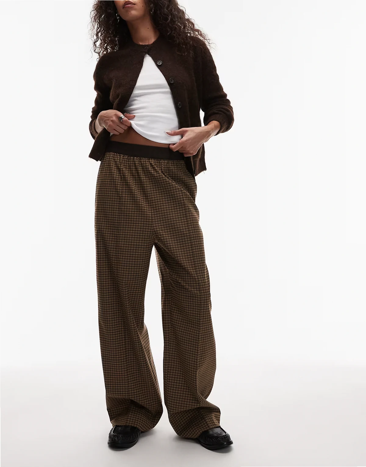 wool blend stretch straight leg pants with elasticized waist in light brown plaid