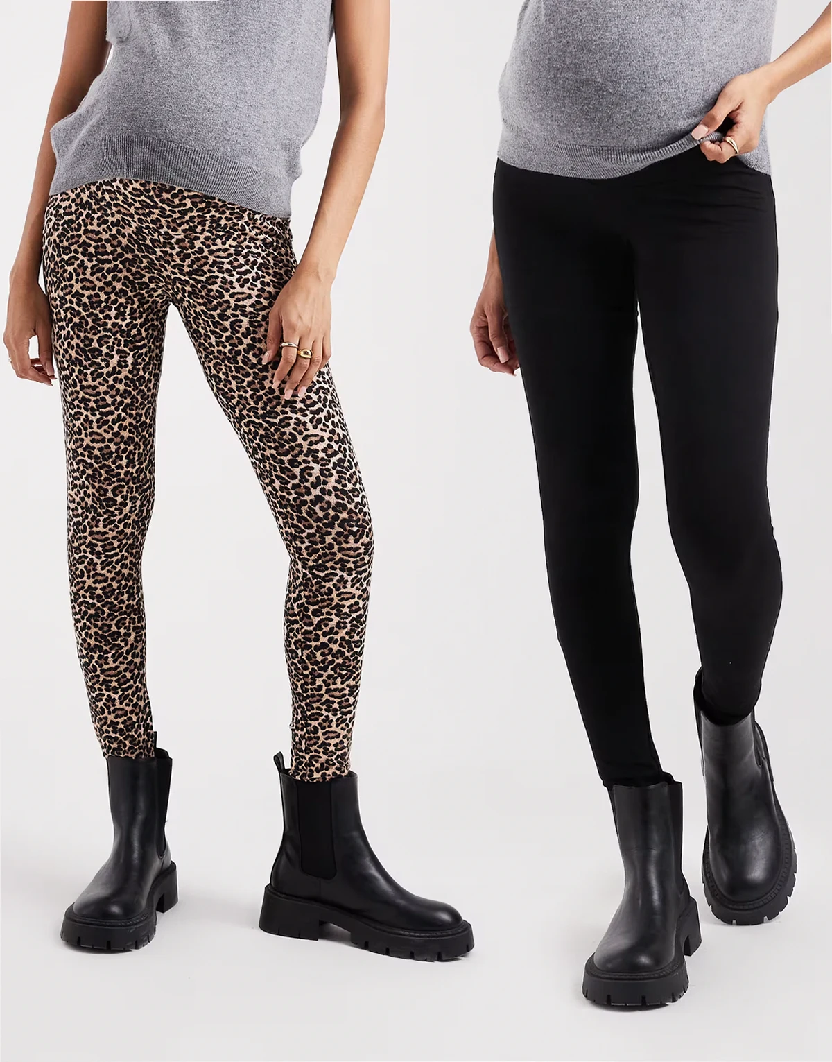 – 2er-Pack Leggings in Schwarz und mit Tierfellmuster, Umstandsmode