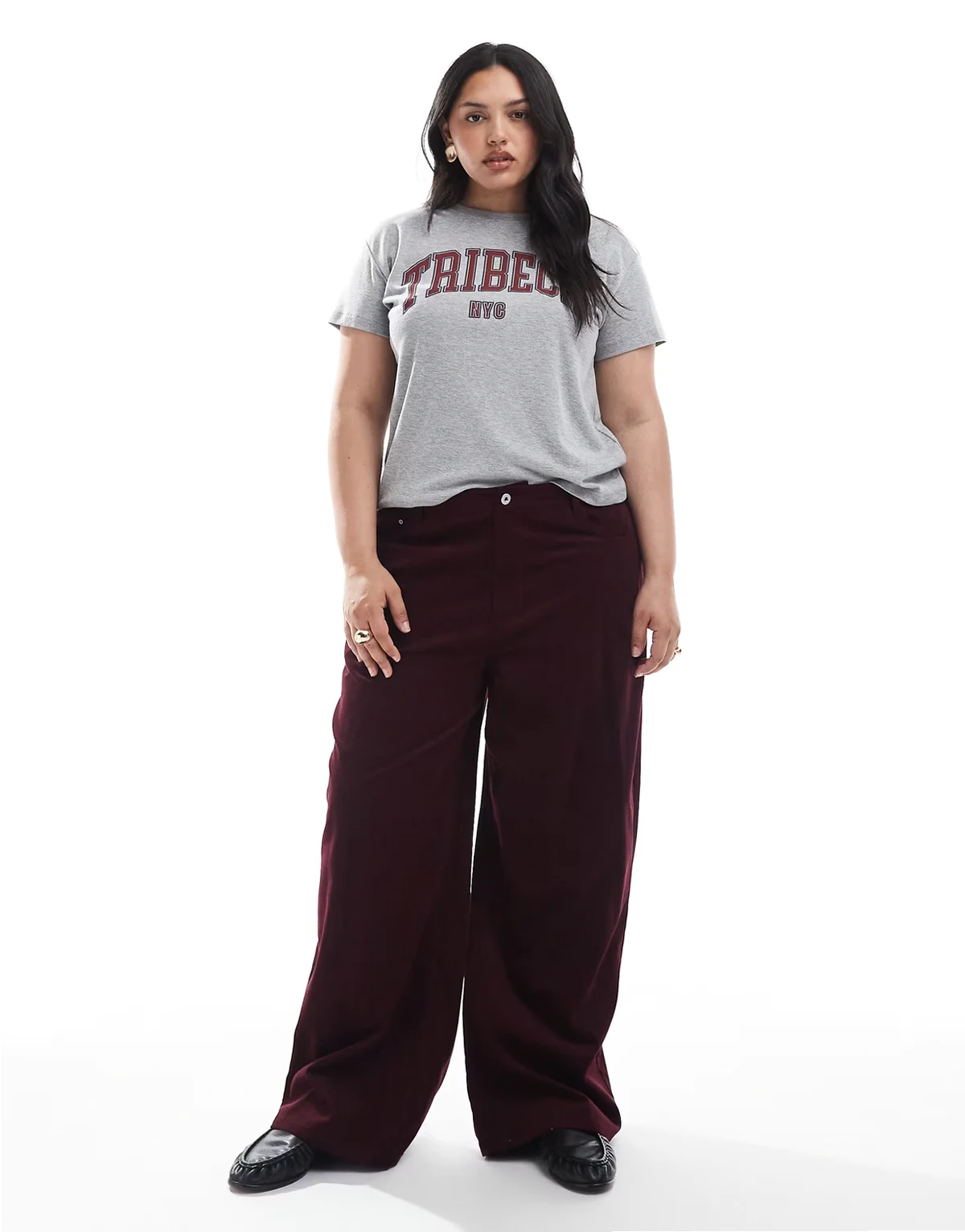 ASOS DESIGN Curve – Bordowe spodnie sztruksowe z szerokimi nogawkami w prążki