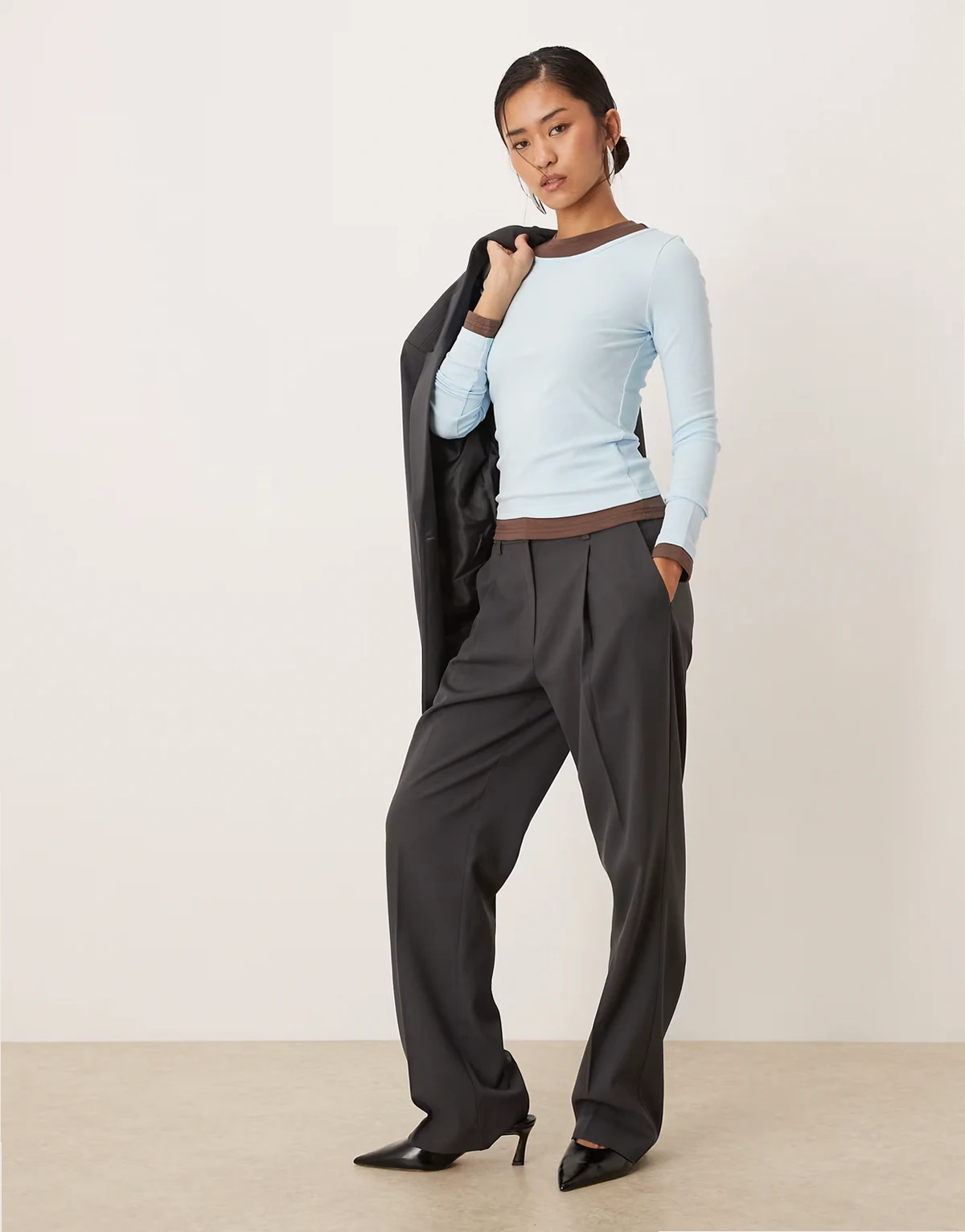 mix & match high waist pleated front pants in dark heather gray