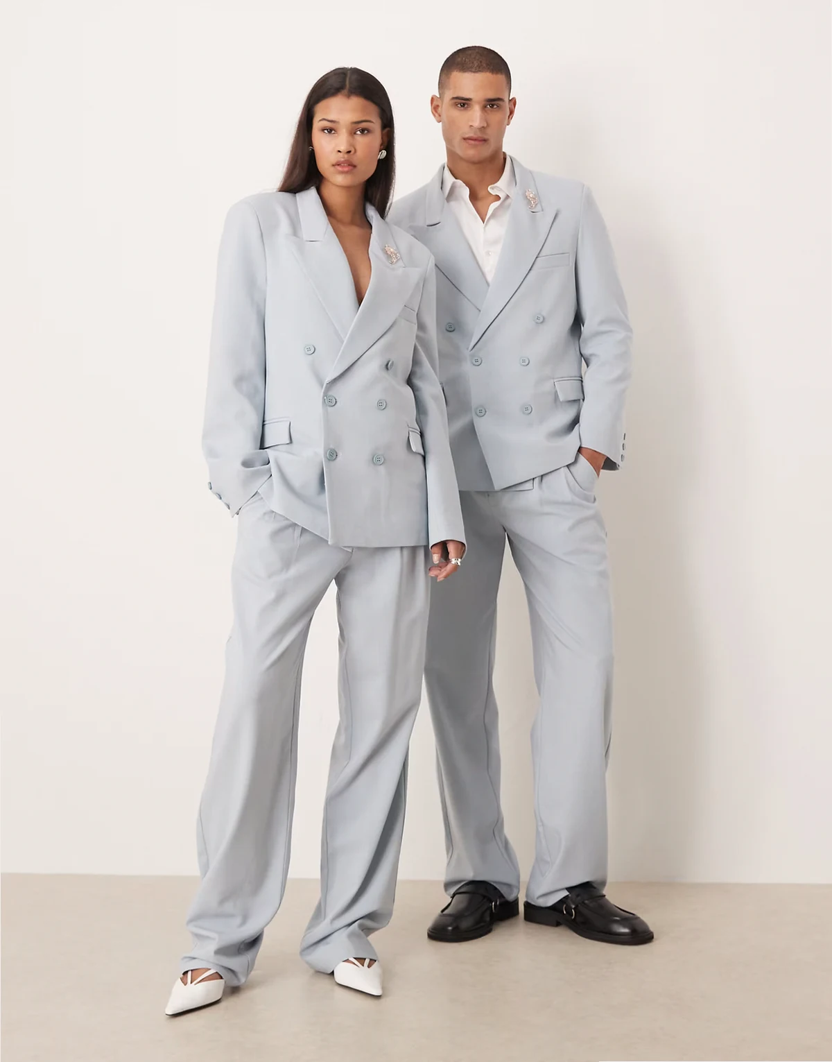 Unisex Evander high waisted micro belt detail paperbag pants in powder blue - part of a set