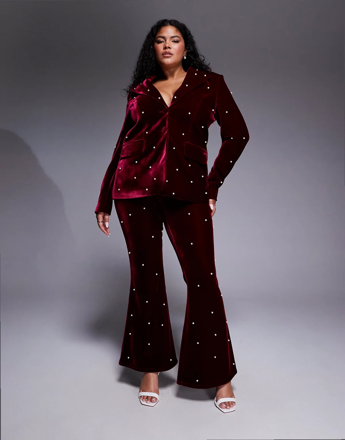 Curve tailored pants with pearl embellishment in burgundy - part of a set