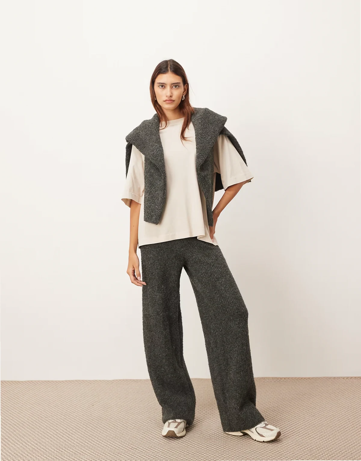 boucle knit straight leg pants in charcoal - part of a set