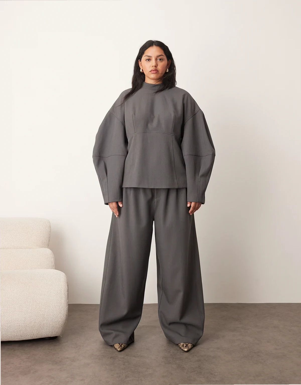 Curve tailored pleated detail wide leg barrel pants in gray - part of a set