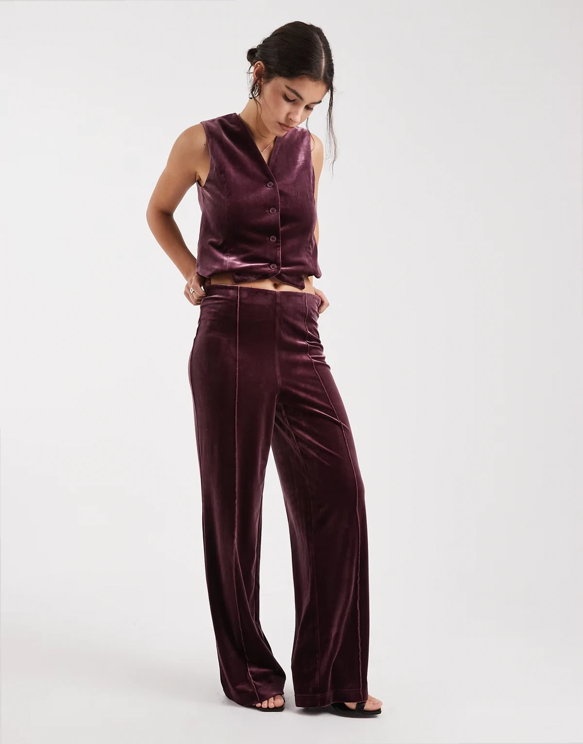 seam front tailored velvet pants in burgundy - part of a set