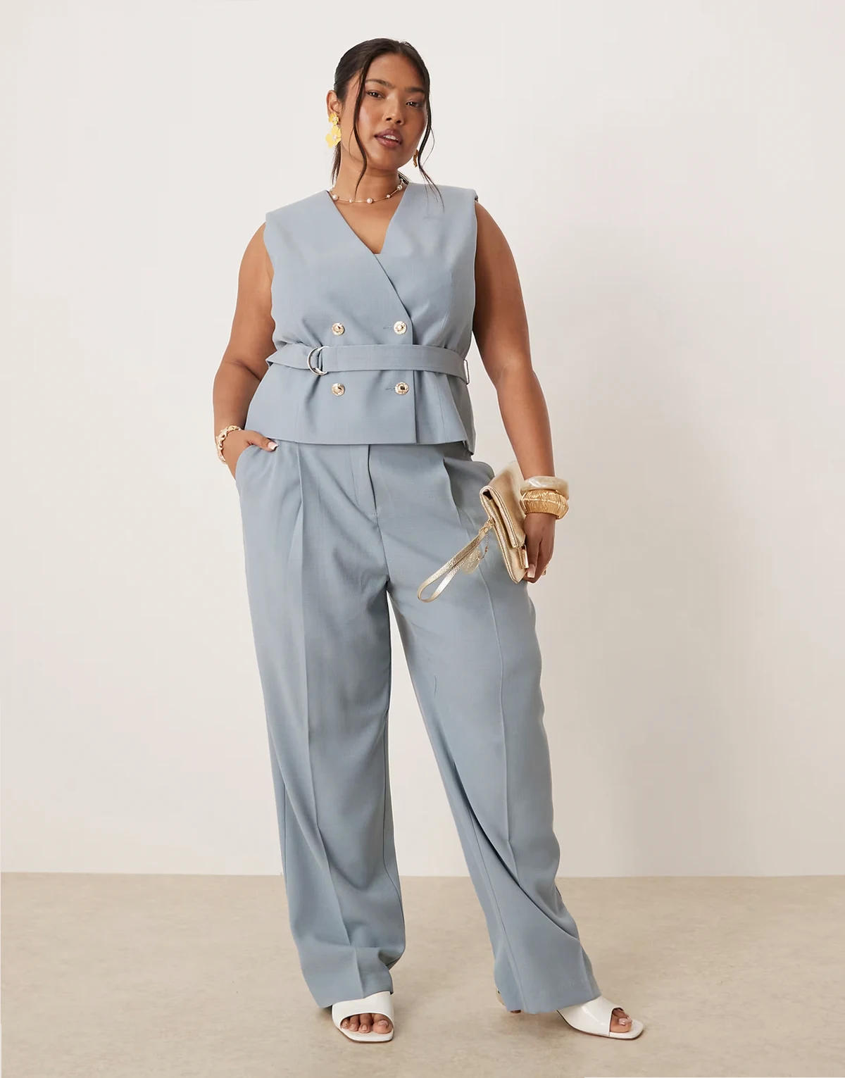 ASOS DESIGN Curve tailored linen look pants with gold buttons in blue - part of a set