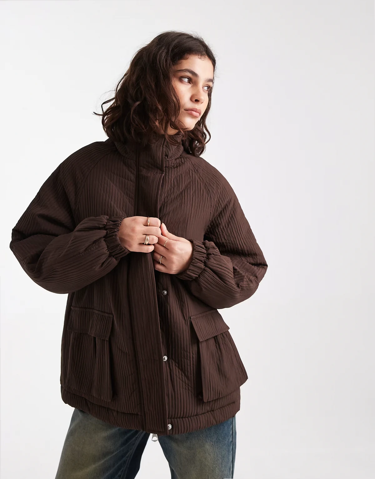 plisse effect funnel neck jacket in chocolate brown