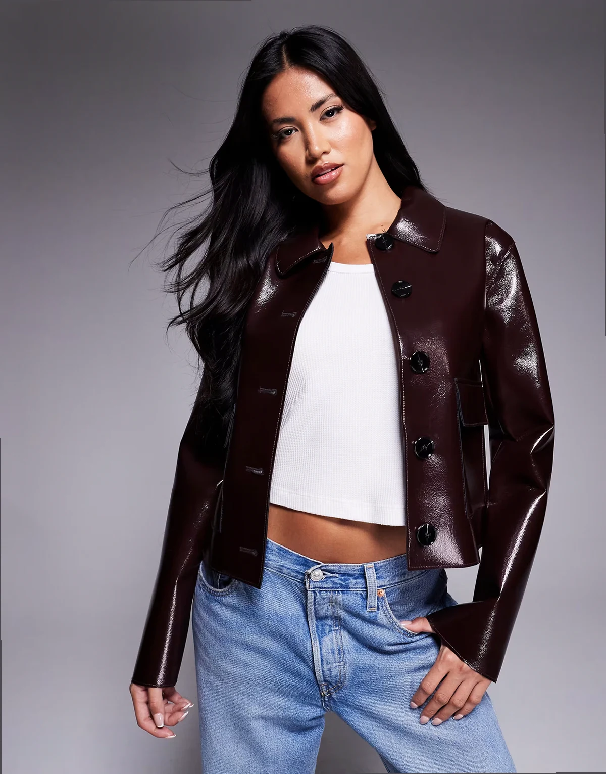 faux leather button up jacket in burgundy