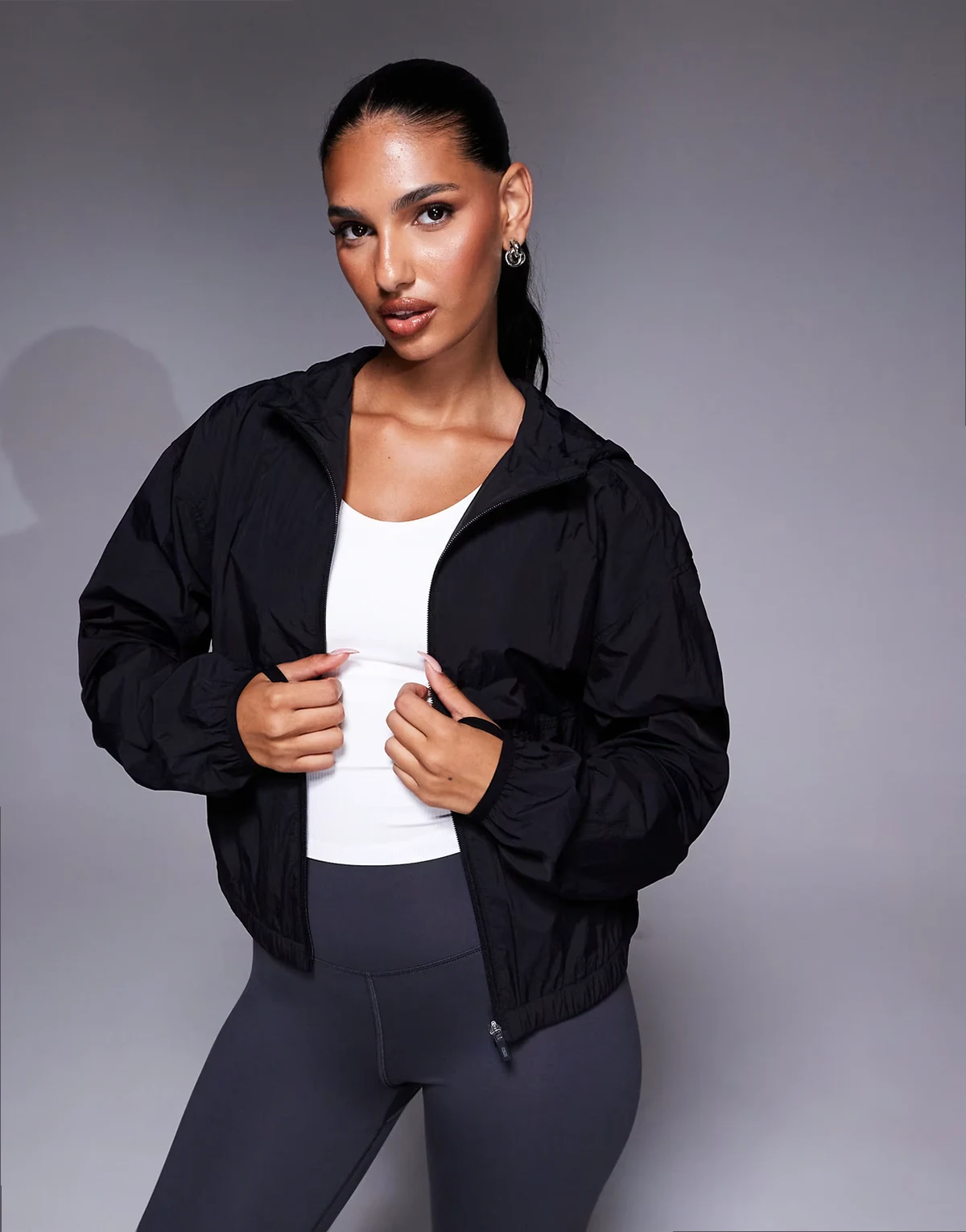 cropped woven run jacket with hood in black
