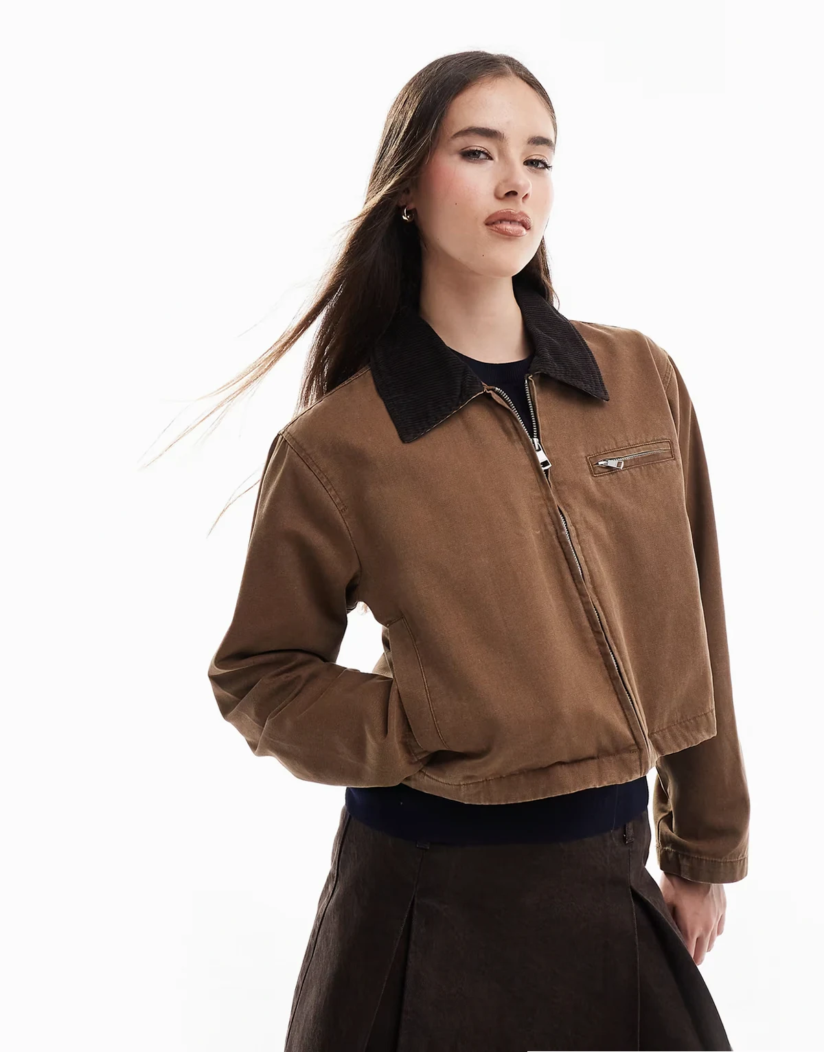 – Cropped Farmerjacke in Braun mit Cord-Kragen