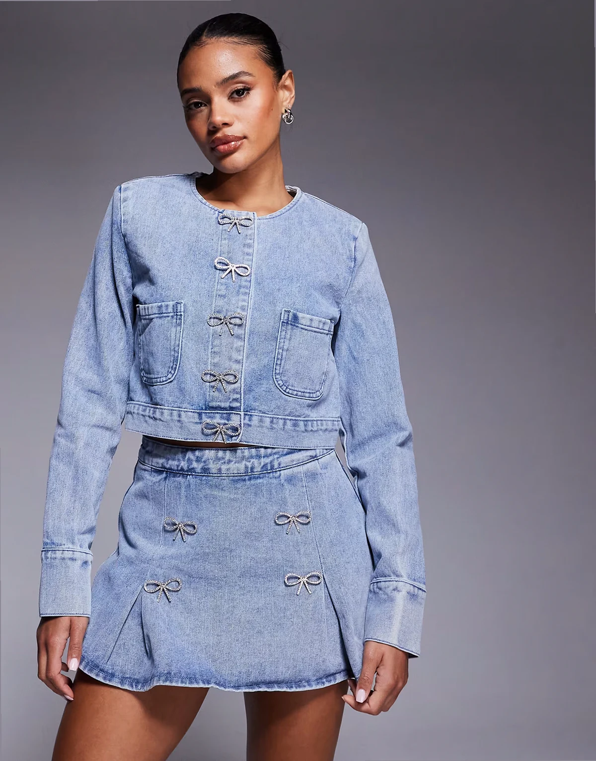 embellished bow denim jacket in light wash blue - part of a set