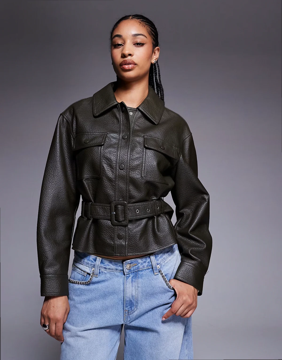 belted faux leather overshirt in khaki