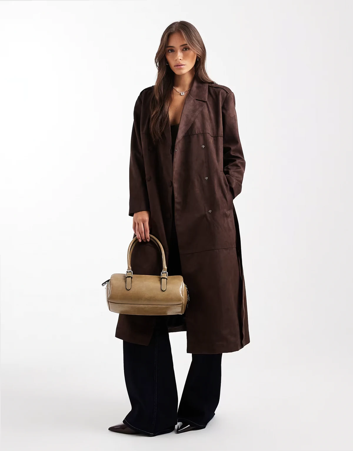 – Trenchcoat aus Wildlederimitat in Schokobraun
