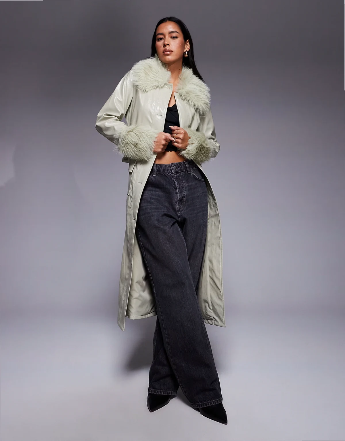 vinyl trench with faux fur trim in pistachio green