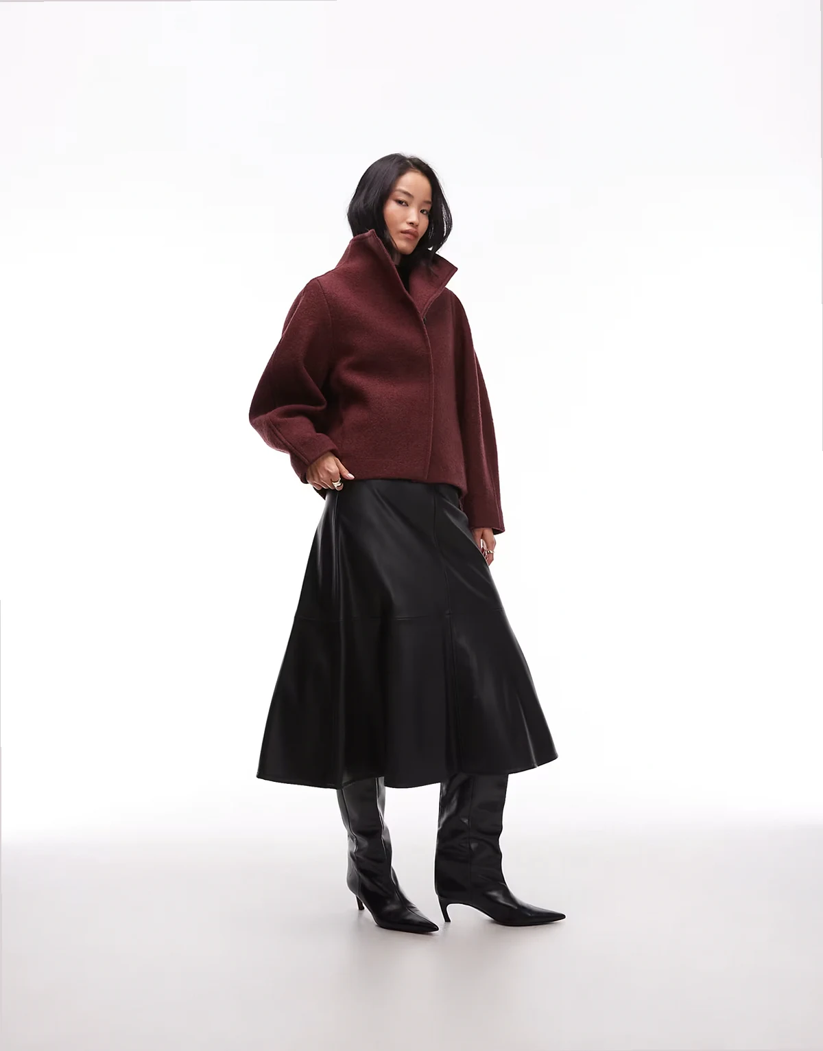 wool mock neck short jacket in burgundy dark red