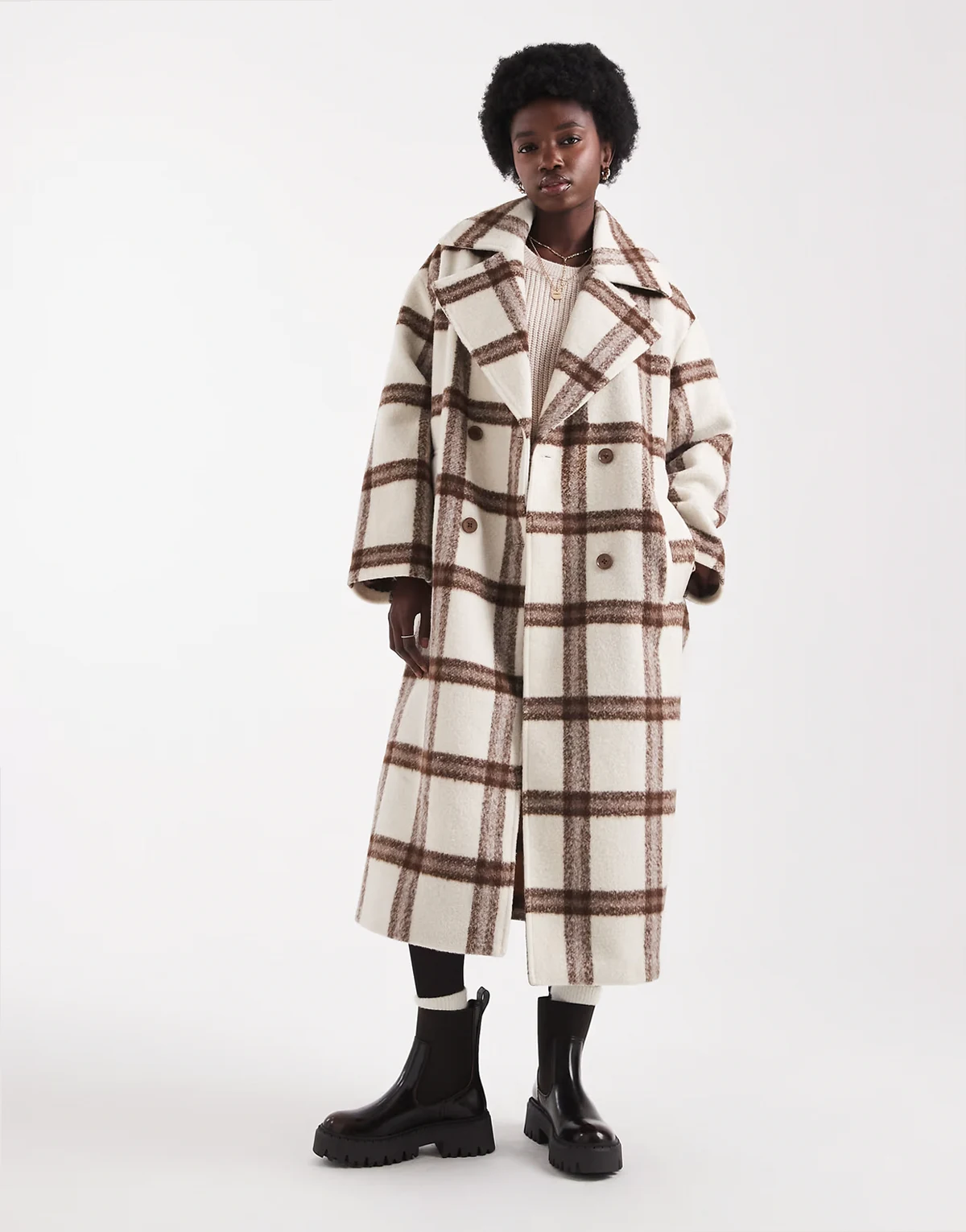longline gingham overcoat in brown cream