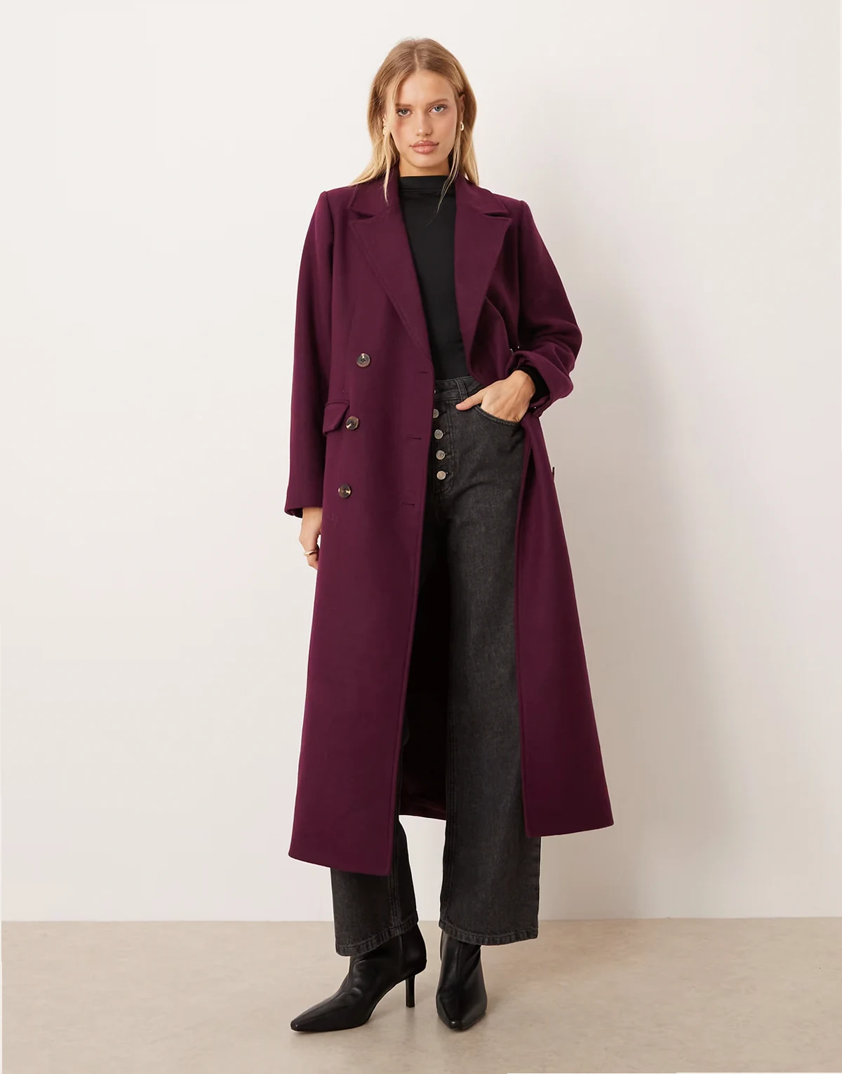 longline double breasted coat with wool in plum