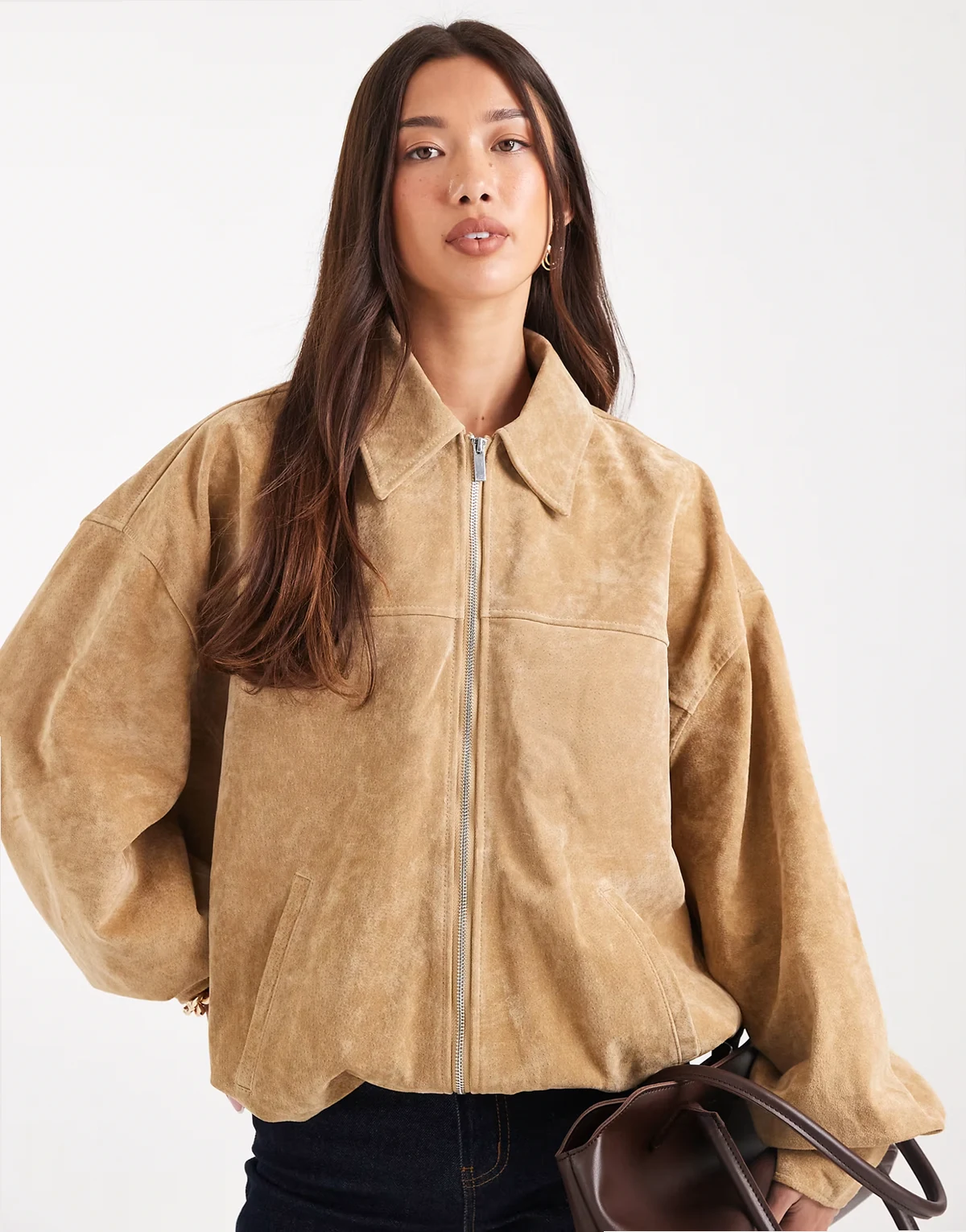 suede bomber jacket in tan