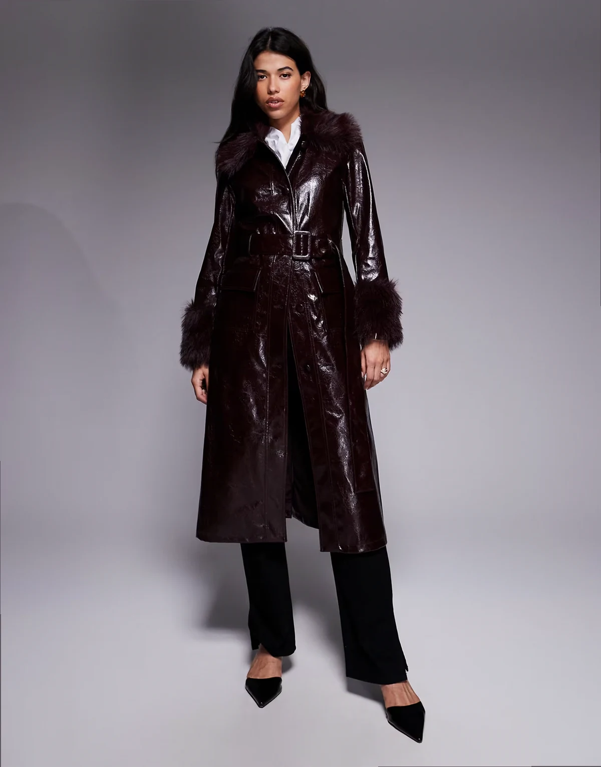 faux fur trim faux leather trench coat in dark red