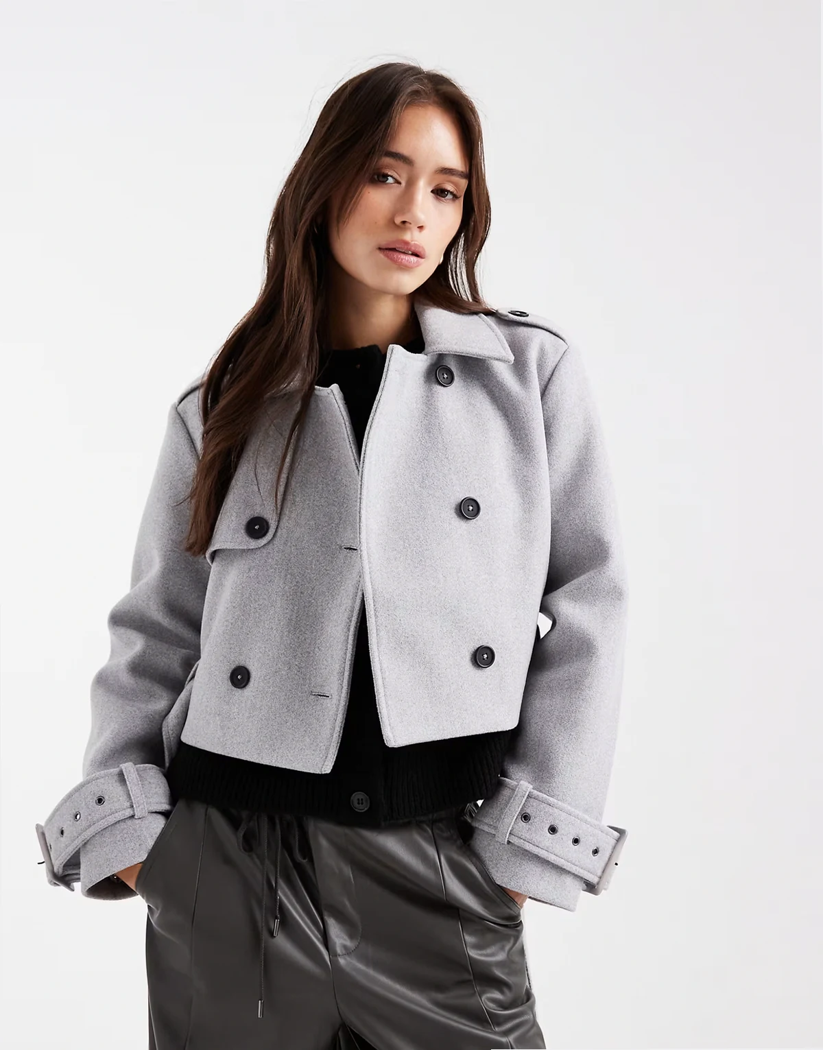 cropped button up jacket in gray