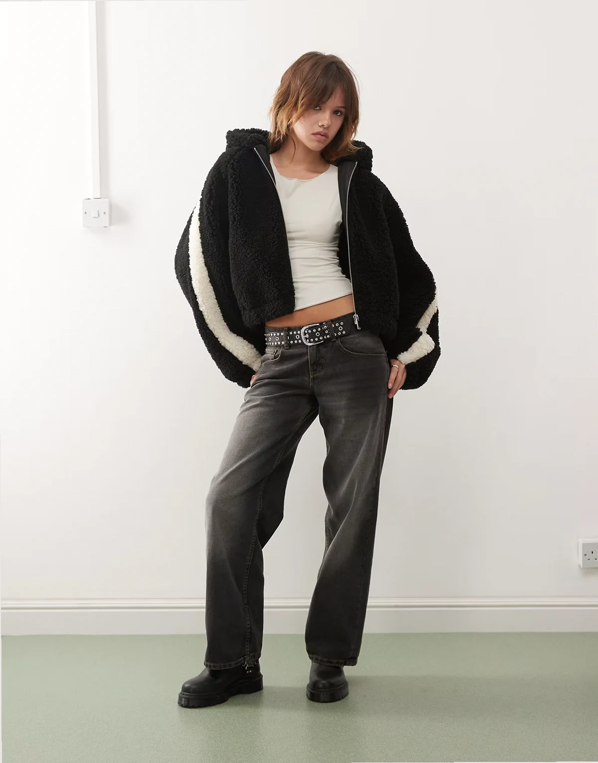 zip through teddy hooded jacket in black