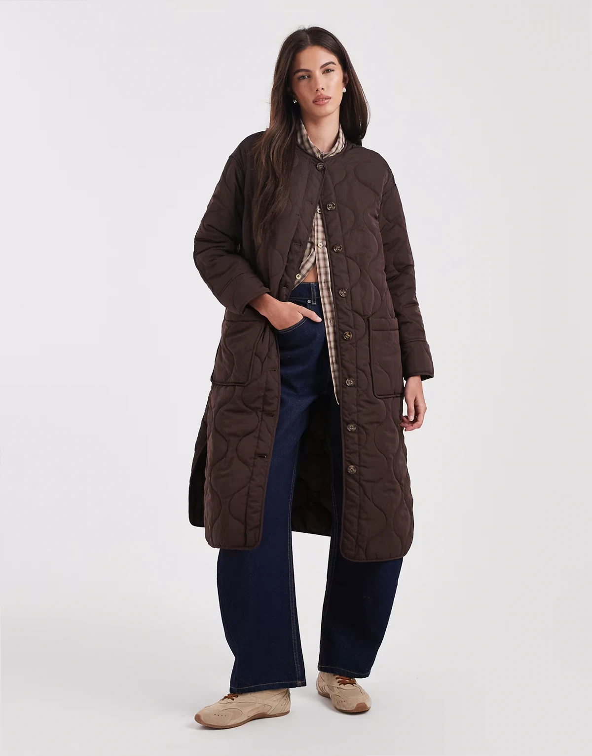long quilted coat in chocolate brown